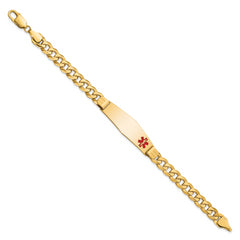 14K Medical Soft Diamond Shape Red Enamel Flat Curb Link ID Bracelet