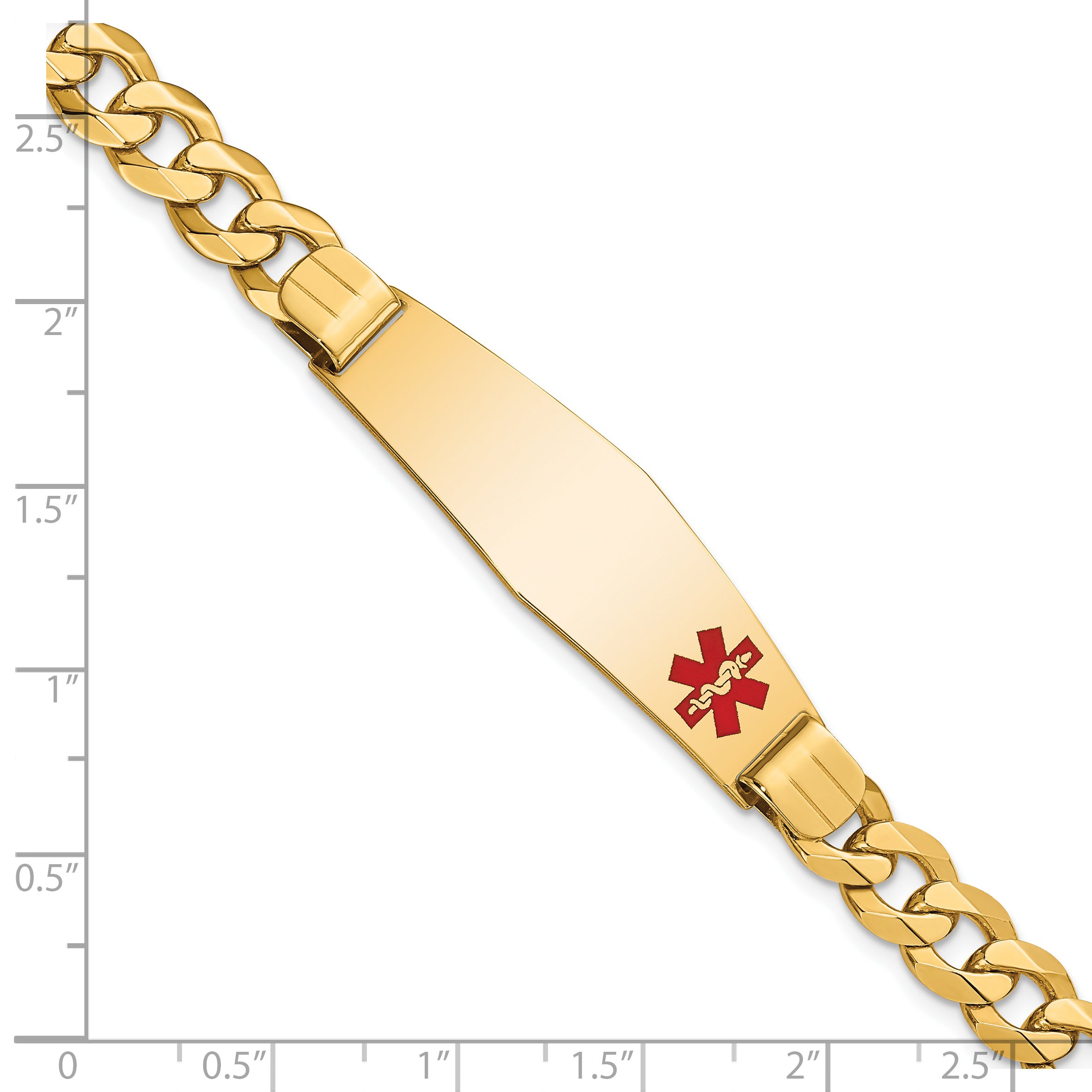 14K Medical Soft Diamond Shape Red Enamel Flat Curb Link ID Bracelet