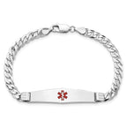 14K WG Medical Soft Diamond Shape Red Enamel Flat Curb Link ID Bracelet