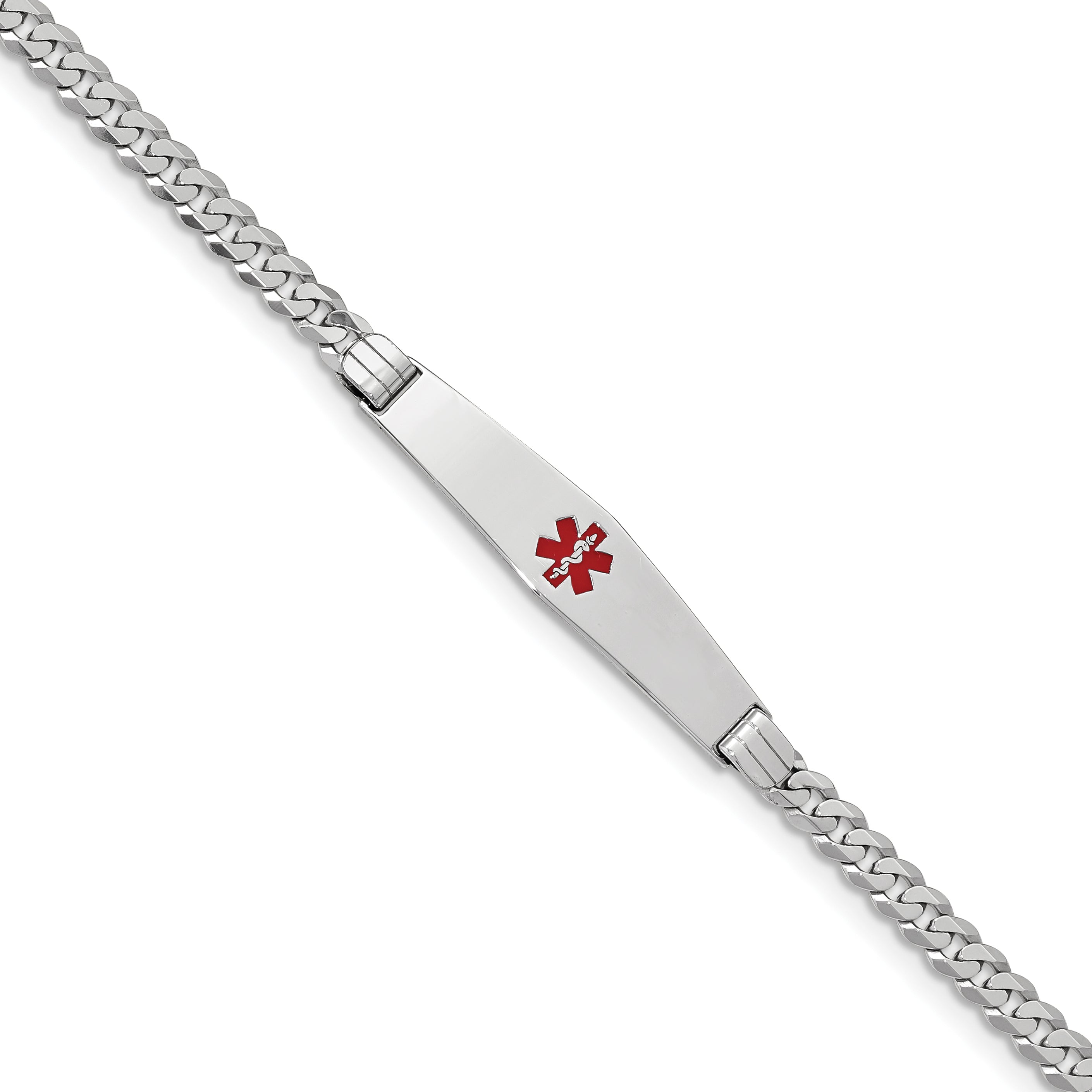 14K WG Medical Soft Diamond Shape Red Enamel Flat Curb Link ID Bracelet