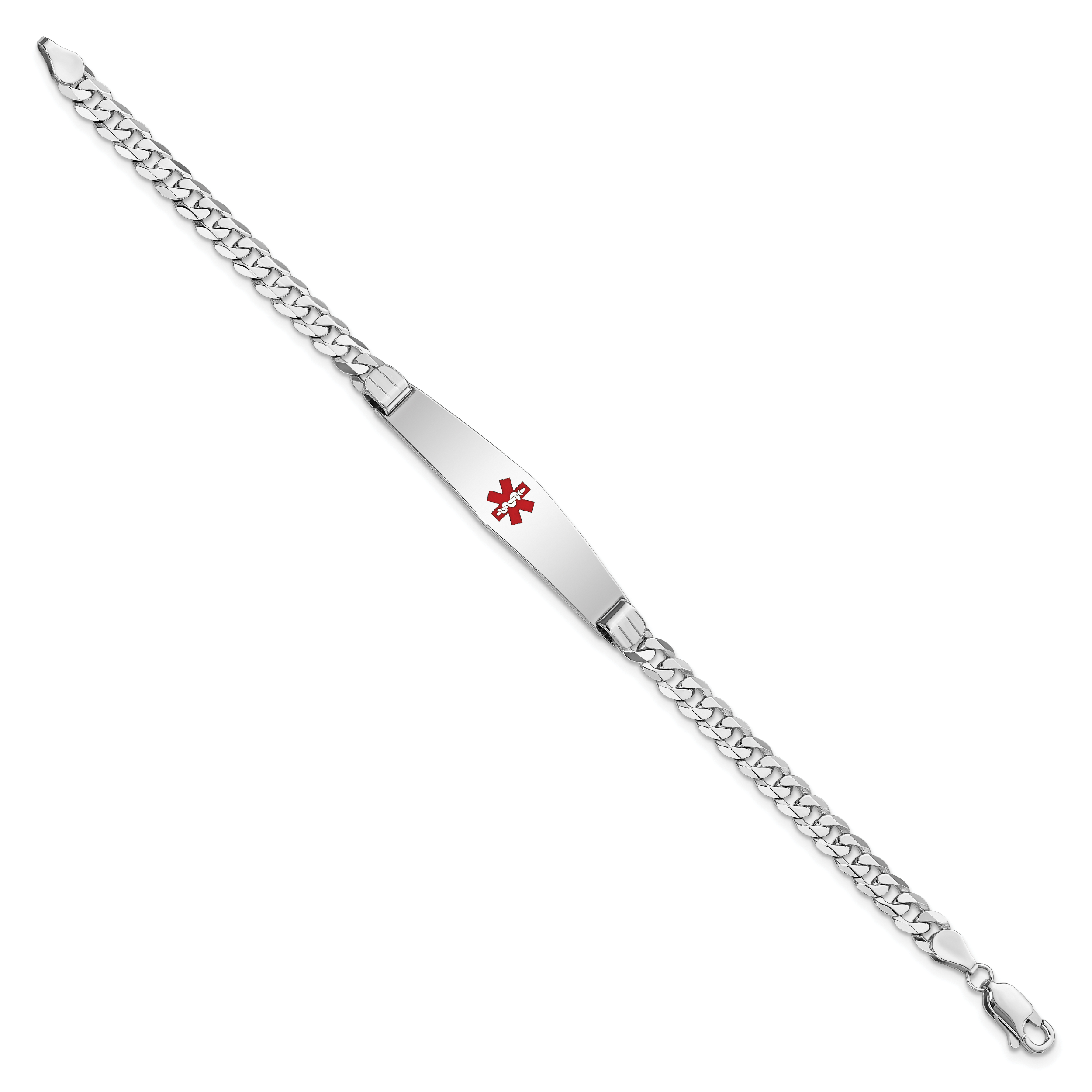 14K WG Medical Soft Diamond Shape Red Enamel Flat Curb Link ID Bracelet