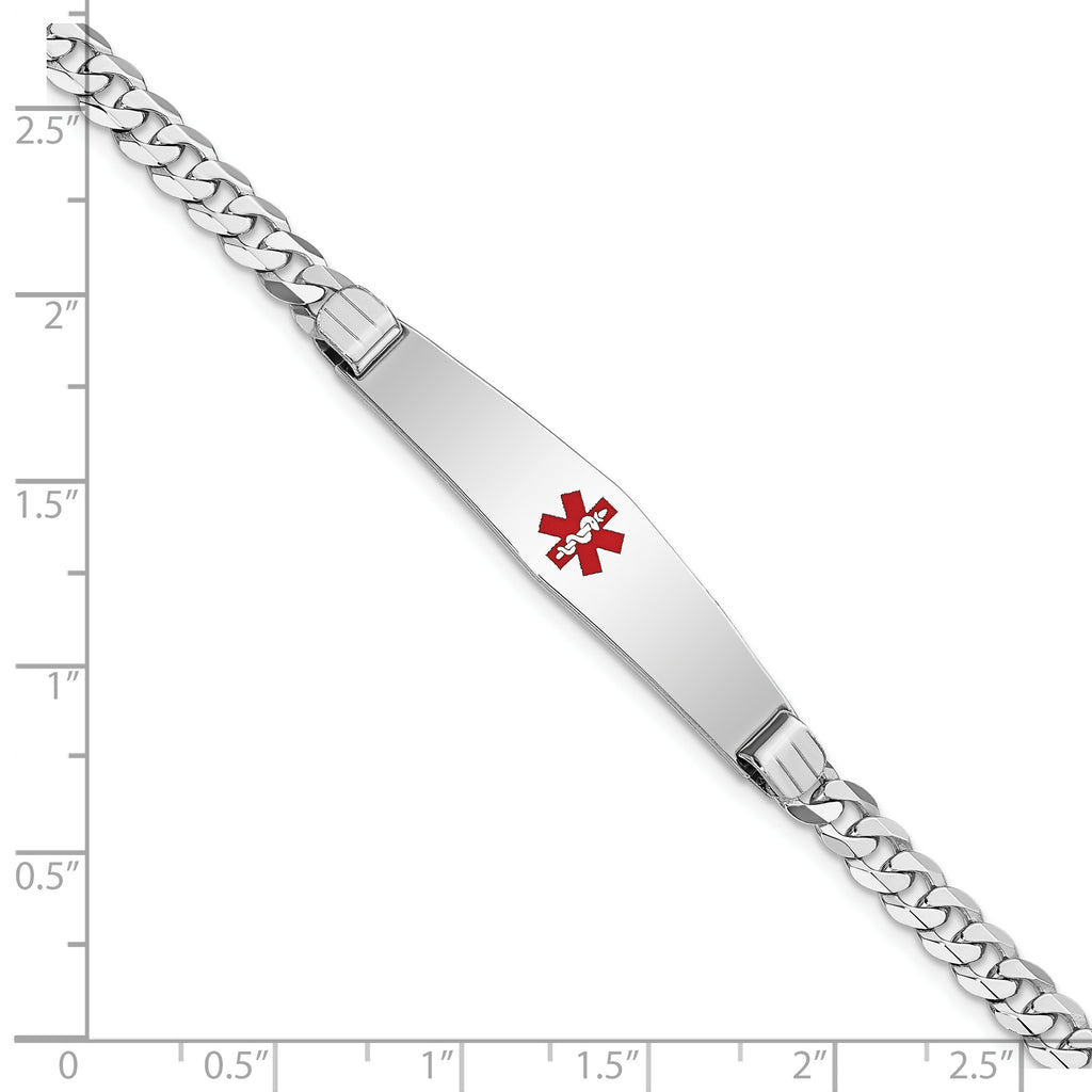 14K WG Medical Soft Diamond Shape Red Enamel Flat Curb Link ID Bracelet