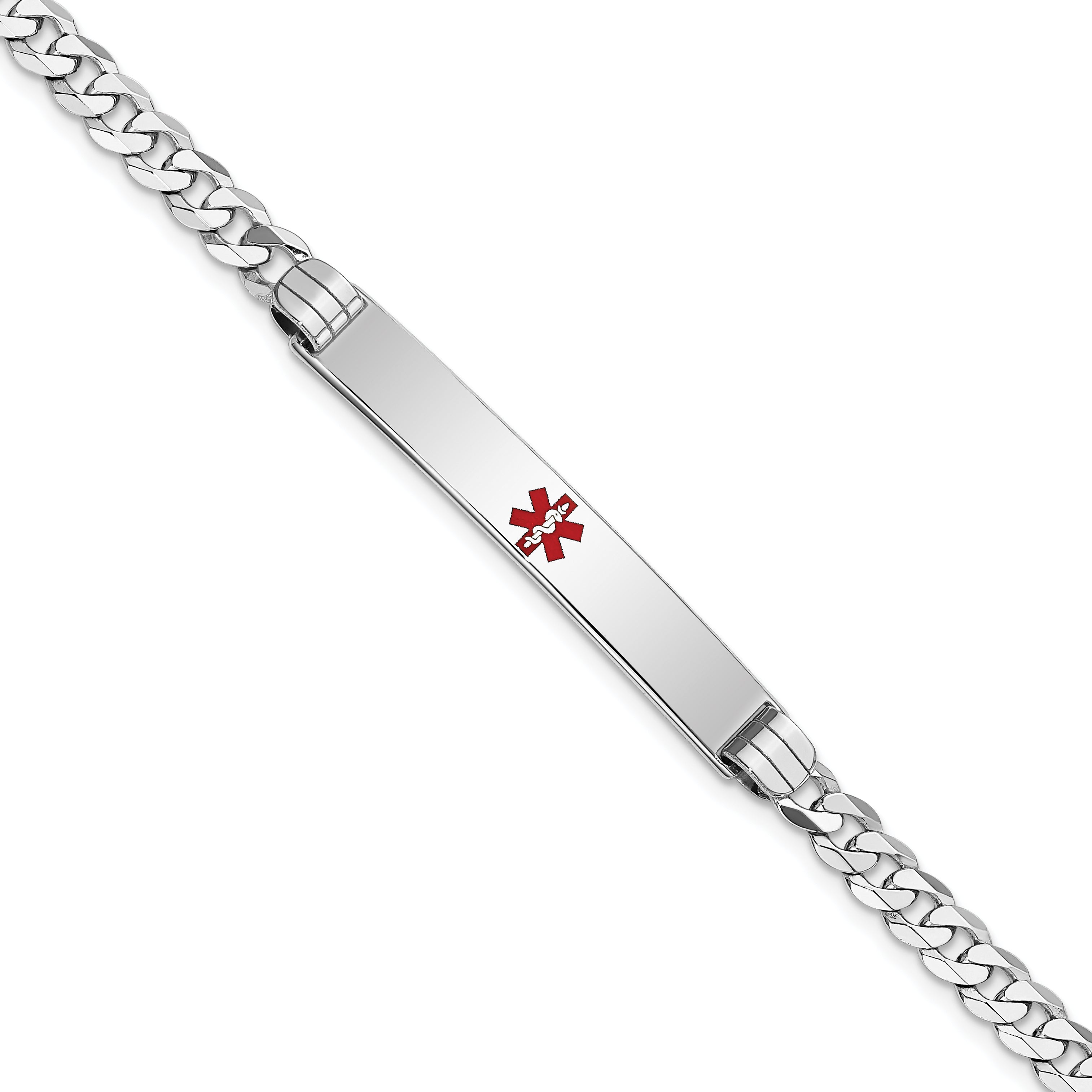 14K White Gold Medical Red Enamel Flat Curb Link ID Bracelet Main image