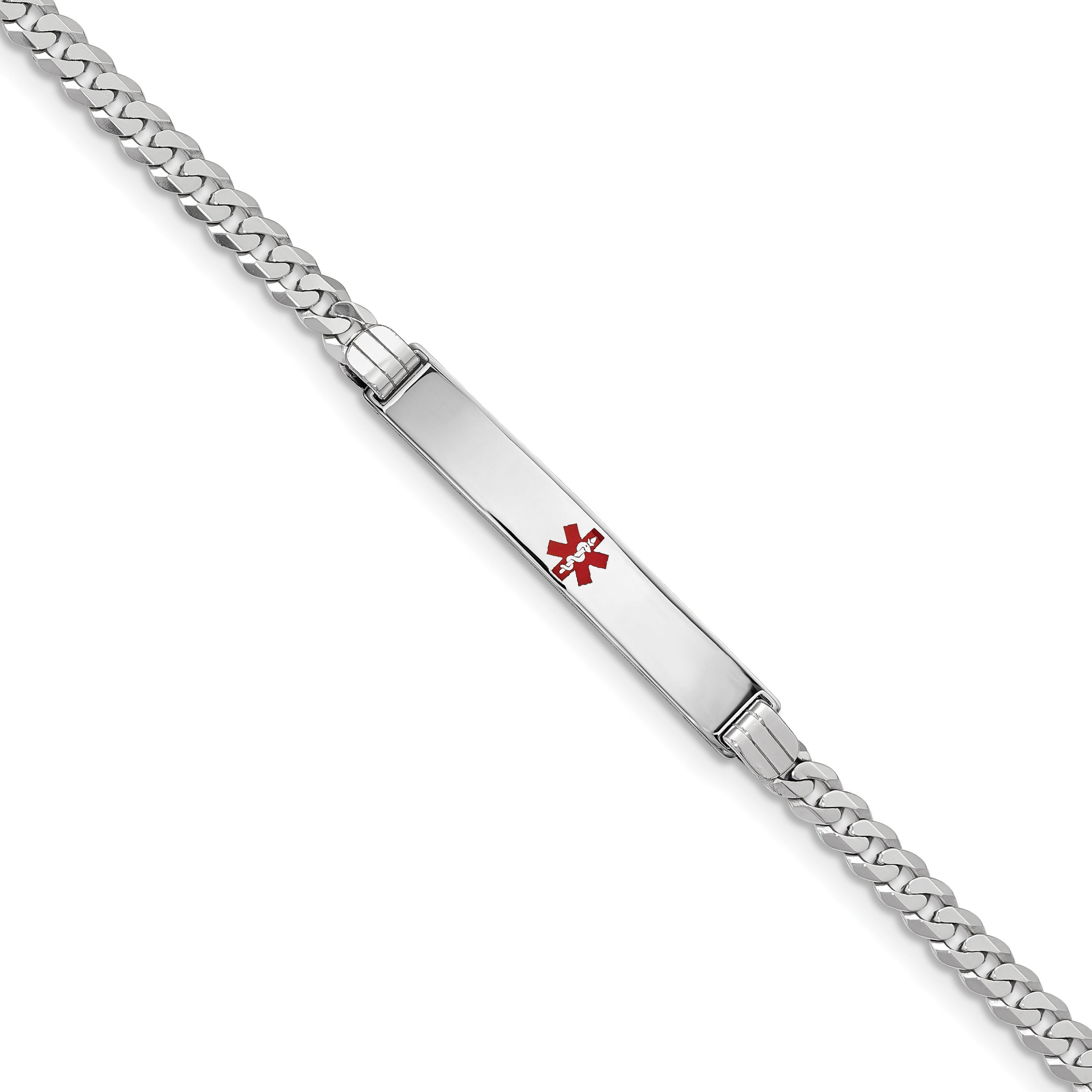 14K White Gold Medical Red Enamel Flat Curb Link ID Bracelet Main image