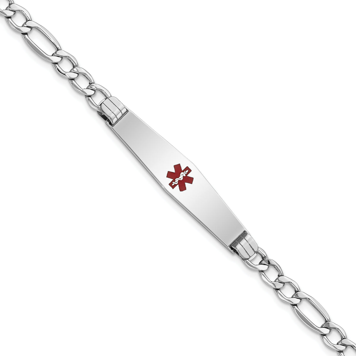 14K WG Semi-Solid Medical Soft Diamond Shape Red Enamel Figaro ID Bracelet