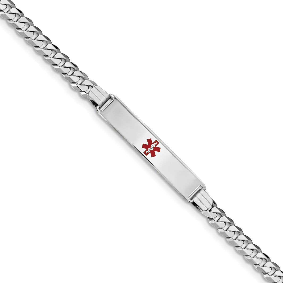 14K White Gold Medical Red Enamel Flat Curb Link ID Bracelet
