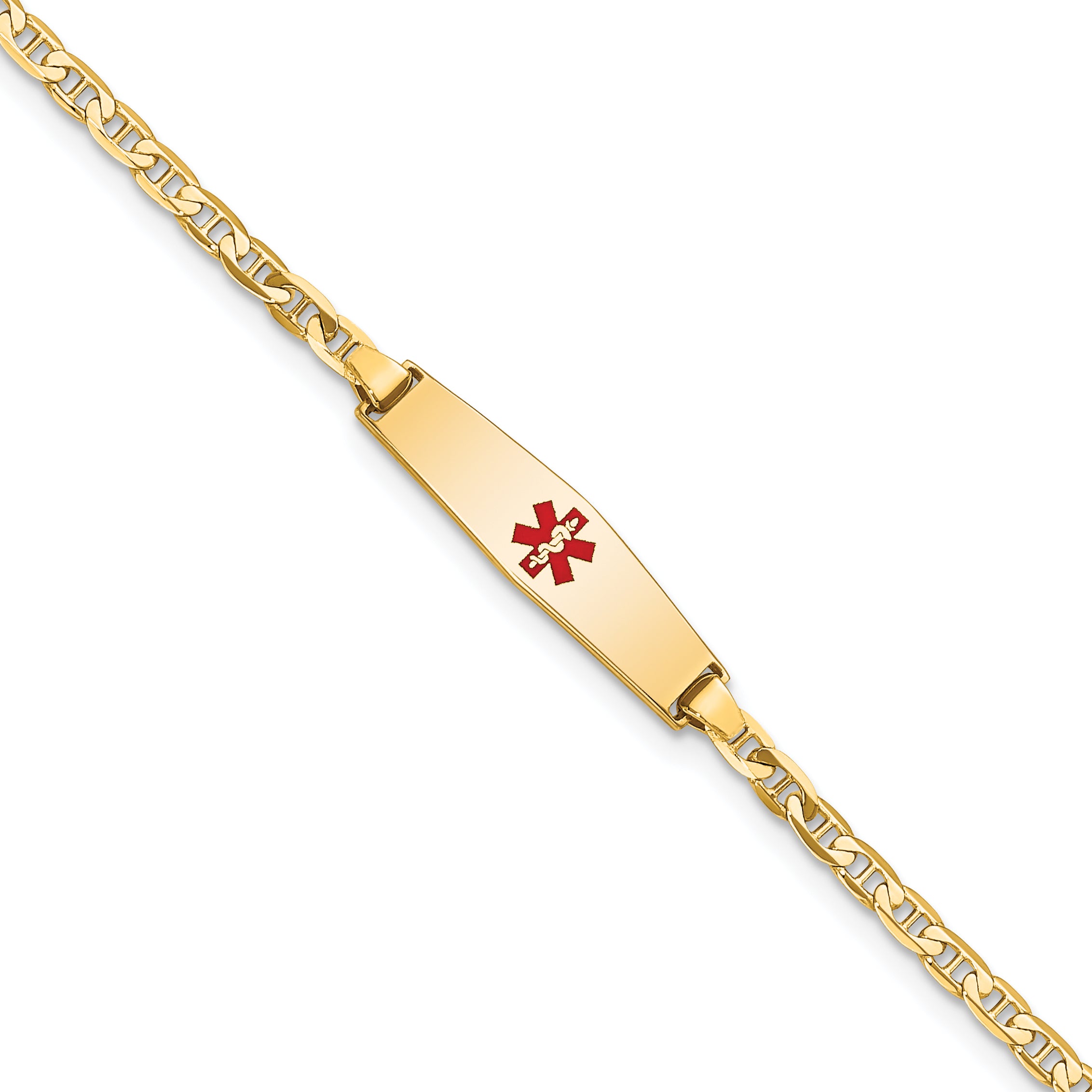 14k Medical Soft Diamond Shape Red Enamel Flat Anchor Link ID Bracelet