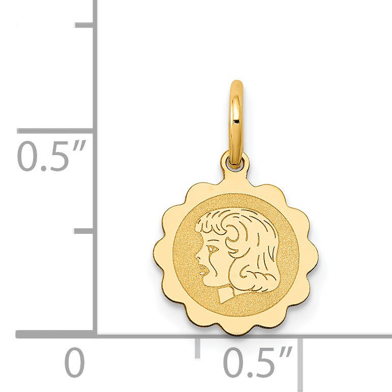 14k Girl Head on .009 Gauge Engravable Scalloped Disc Charm Secondary image