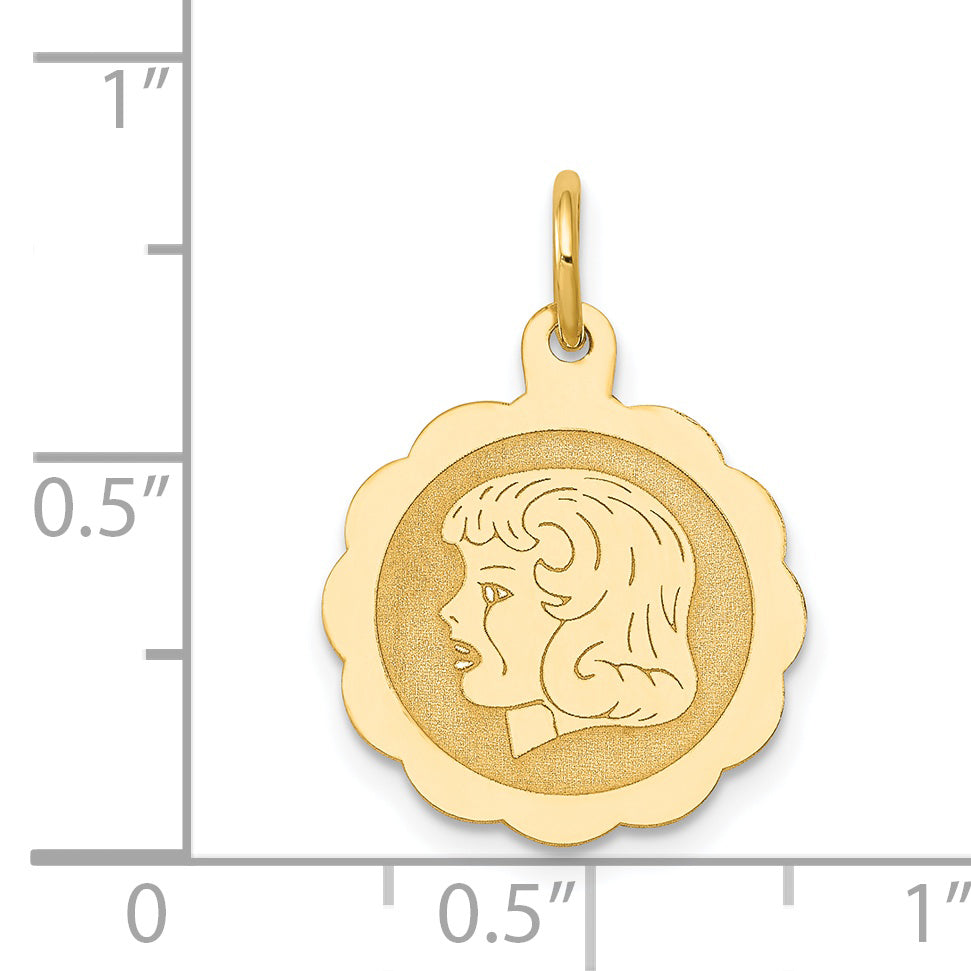 14k Girl Head on .013 Gauge Engravable Scalloped Disc Charm
