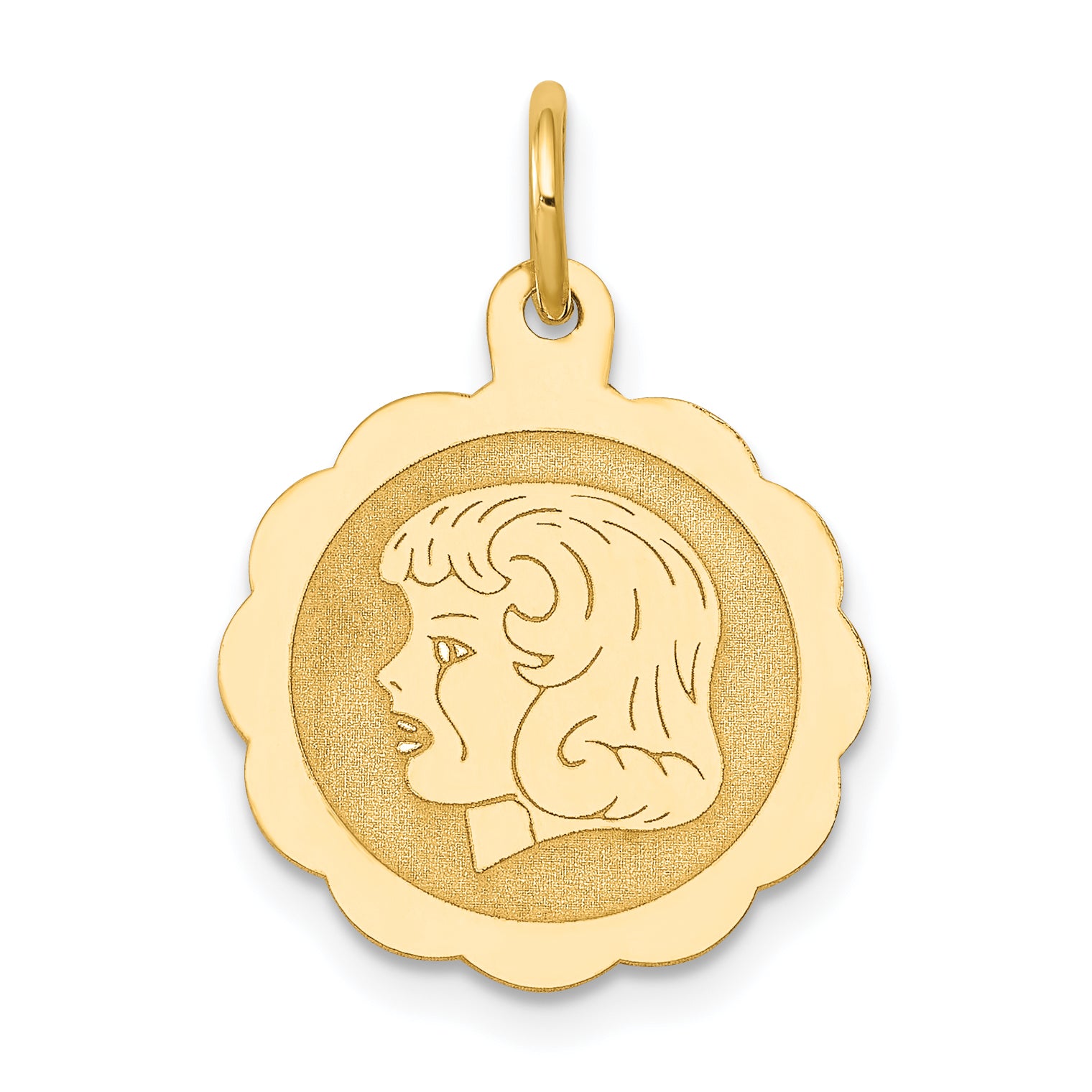 14k Girl Head on .013 Gauge Engravable Scalloped Disc Charm Main image