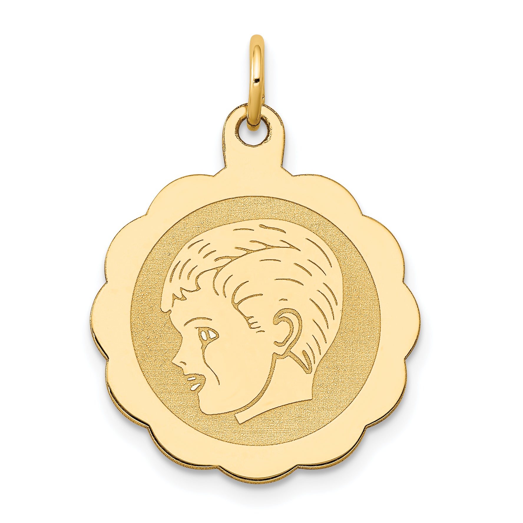 14k Boy Head on .013 Gauge Engravable Scalloped Disc Charm Main image
