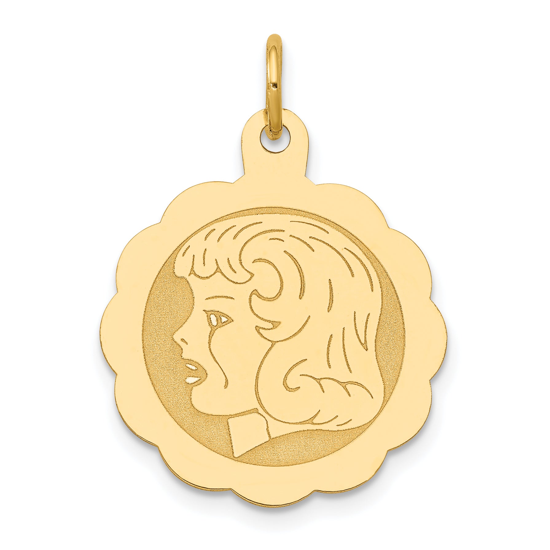 14k Girl Head on .013 Gauge Engravable Scalloped Disc Charm Main image