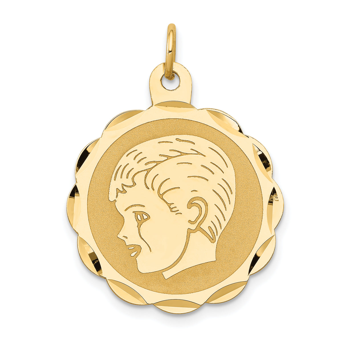 14k Boy Head on .011 Gauge Engravable Scalloped Disc Charm