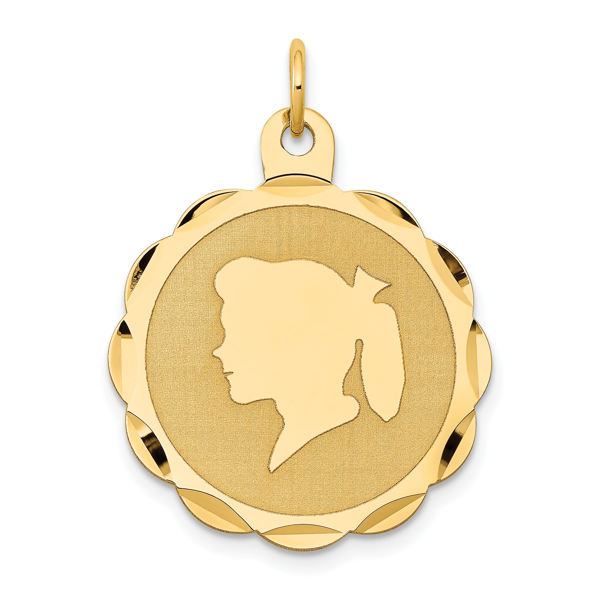 14K Girl Head on .011 Gauge Engravable Scalloped Disc Charm Main image