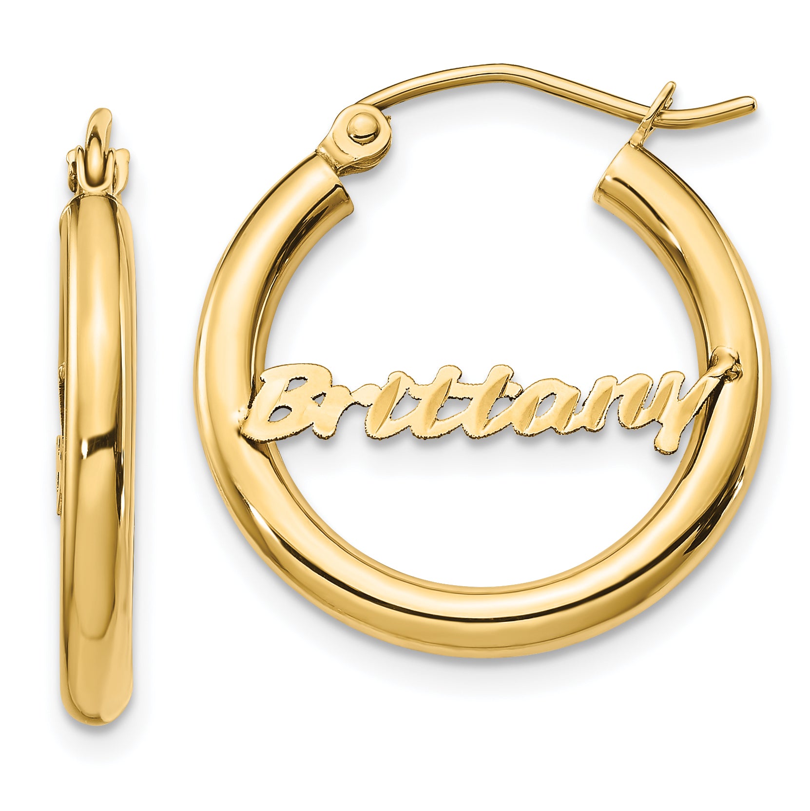 14K Small Polished and Diamond Cut Name Plate Hoop Earrings Main image