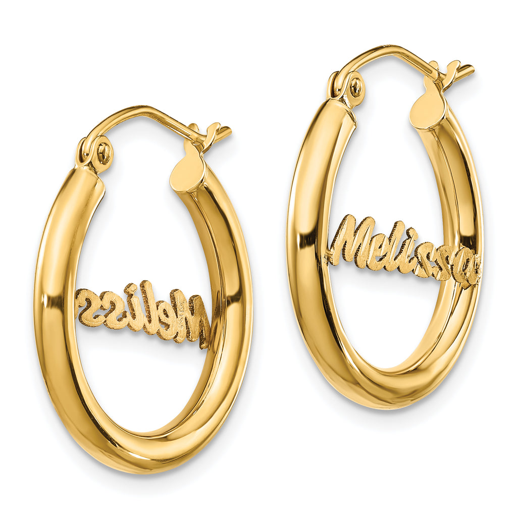14K Small Satin and Diamond Cut Name Plate Hoop Earrings