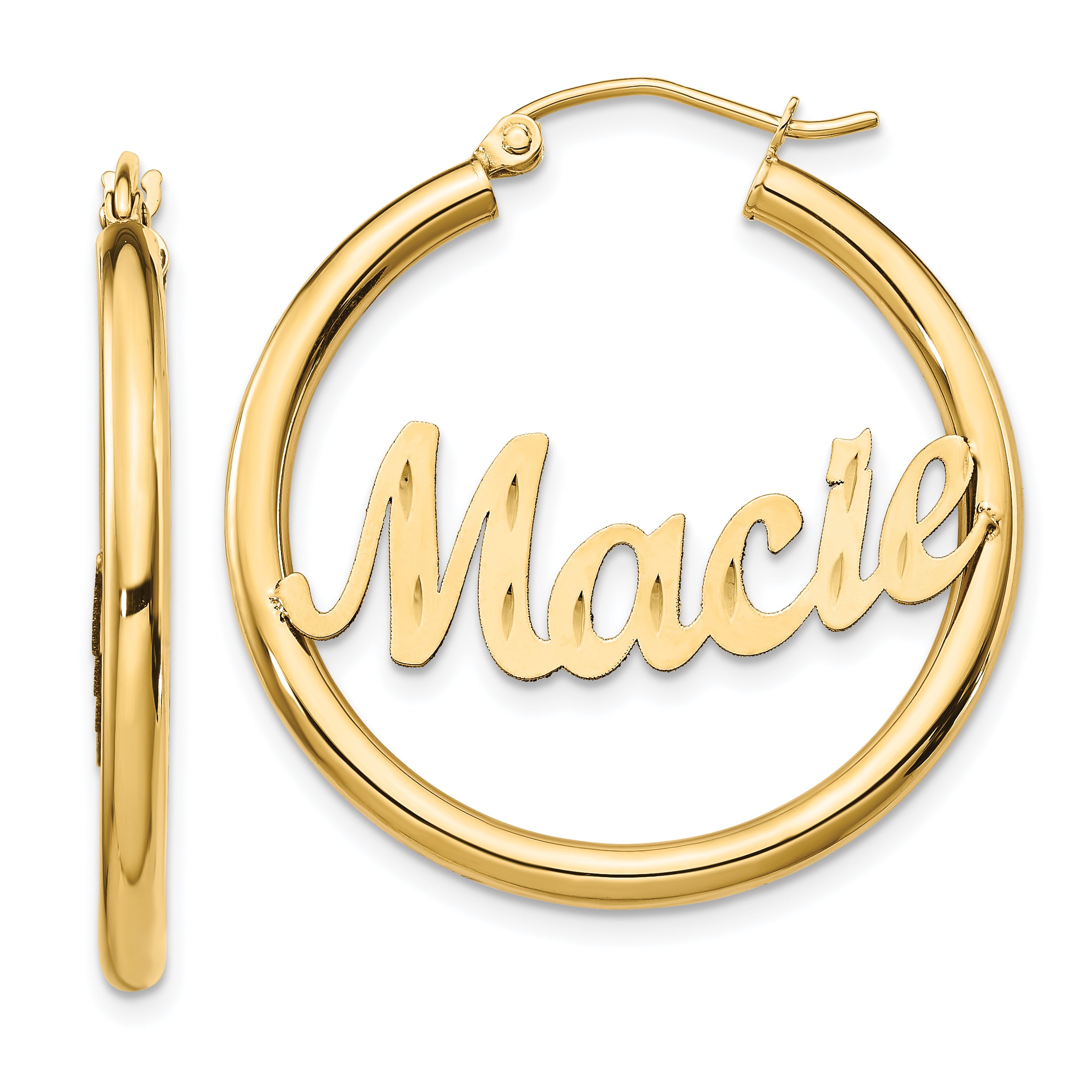 14K Polished and Diamond Cut Name Plate Hoop Earrings
