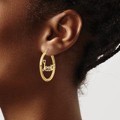 14K Satin and Diamond Cut Name Plate Hoop Earrings