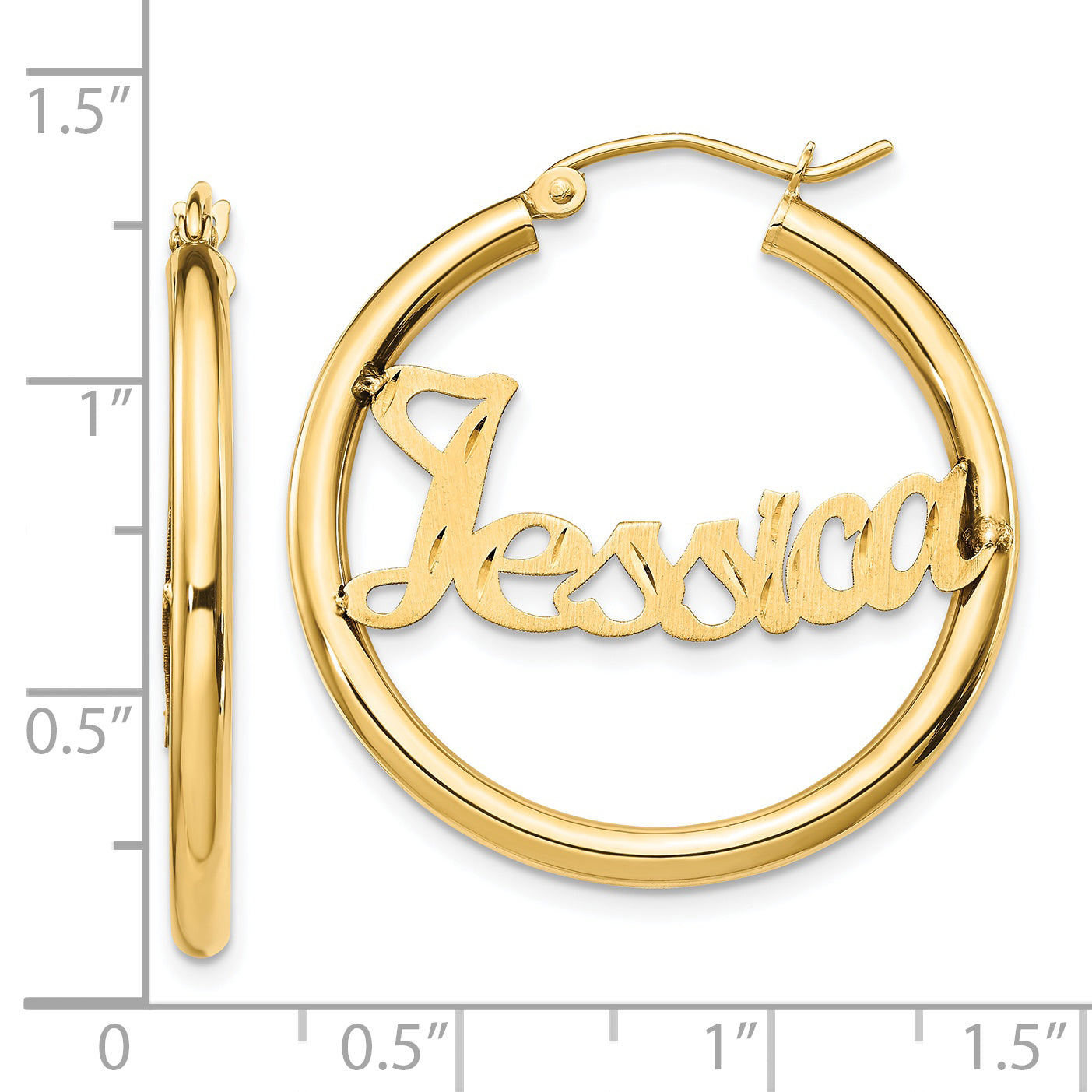 14K Satin and Diamond Cut Name Plate Hoop Earrings