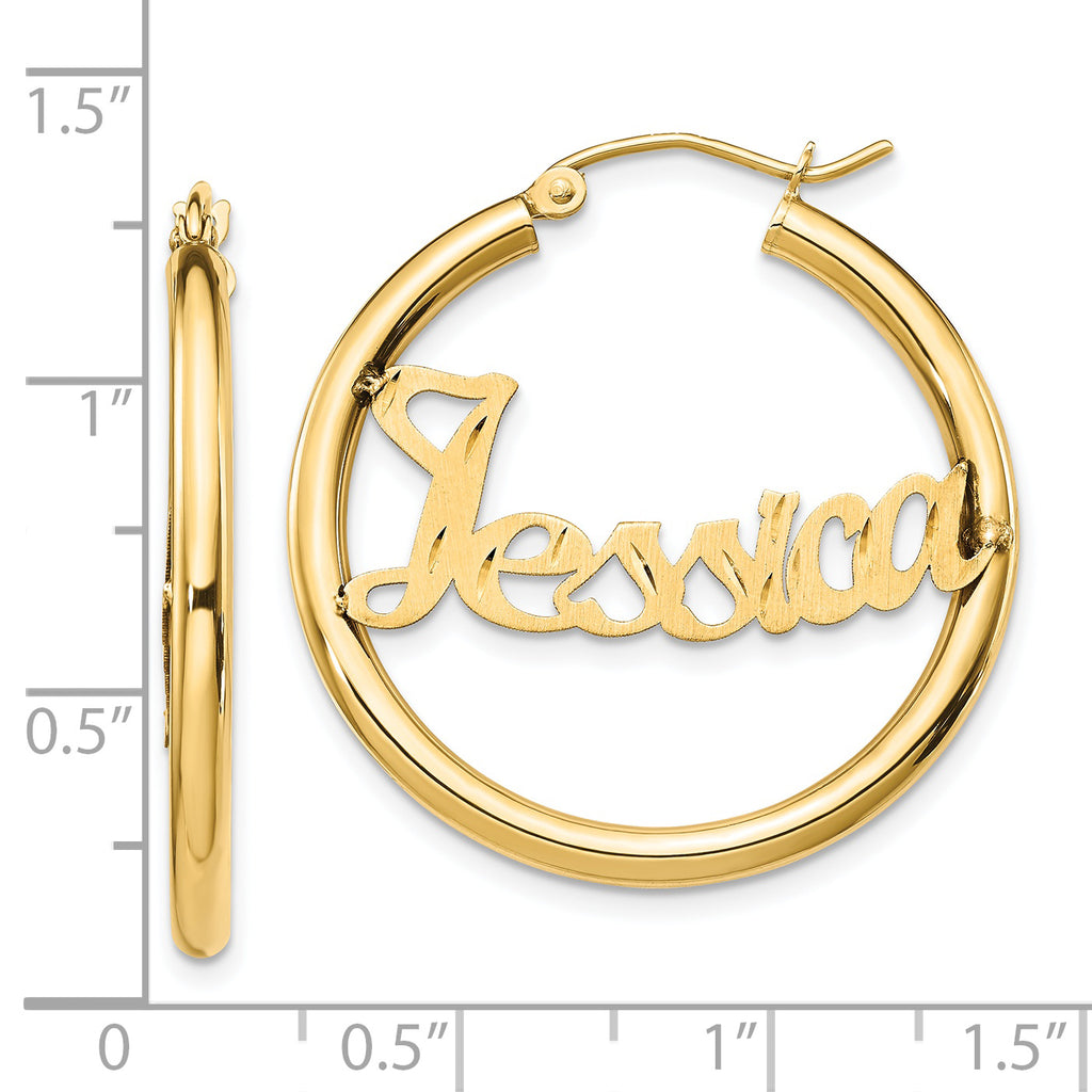 14K Satin and Diamond Cut Name Plate Hoop Earrings
