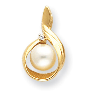 14K 7mm White Round Freshwater Cultured Pearl AA Diamond Pendant Main image