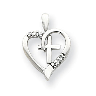 14k White Gold AA Diamond Heart & Cross Pendant