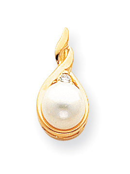 14K 7mm White Round Freshwater Cultured Pearl AA Diamond Pendant
