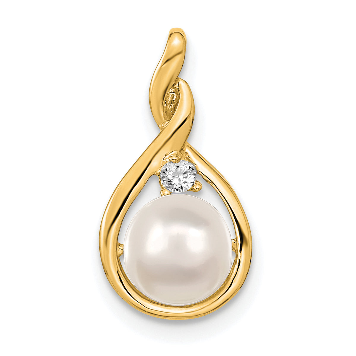 14k 7mm White Round Freshwater Cultured Pearl AA Diamond Pendant