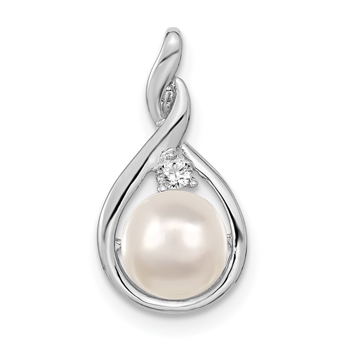 14k White Gold 7mm White Round FW Cultured Pearl & AA Diamond Pendant Main image