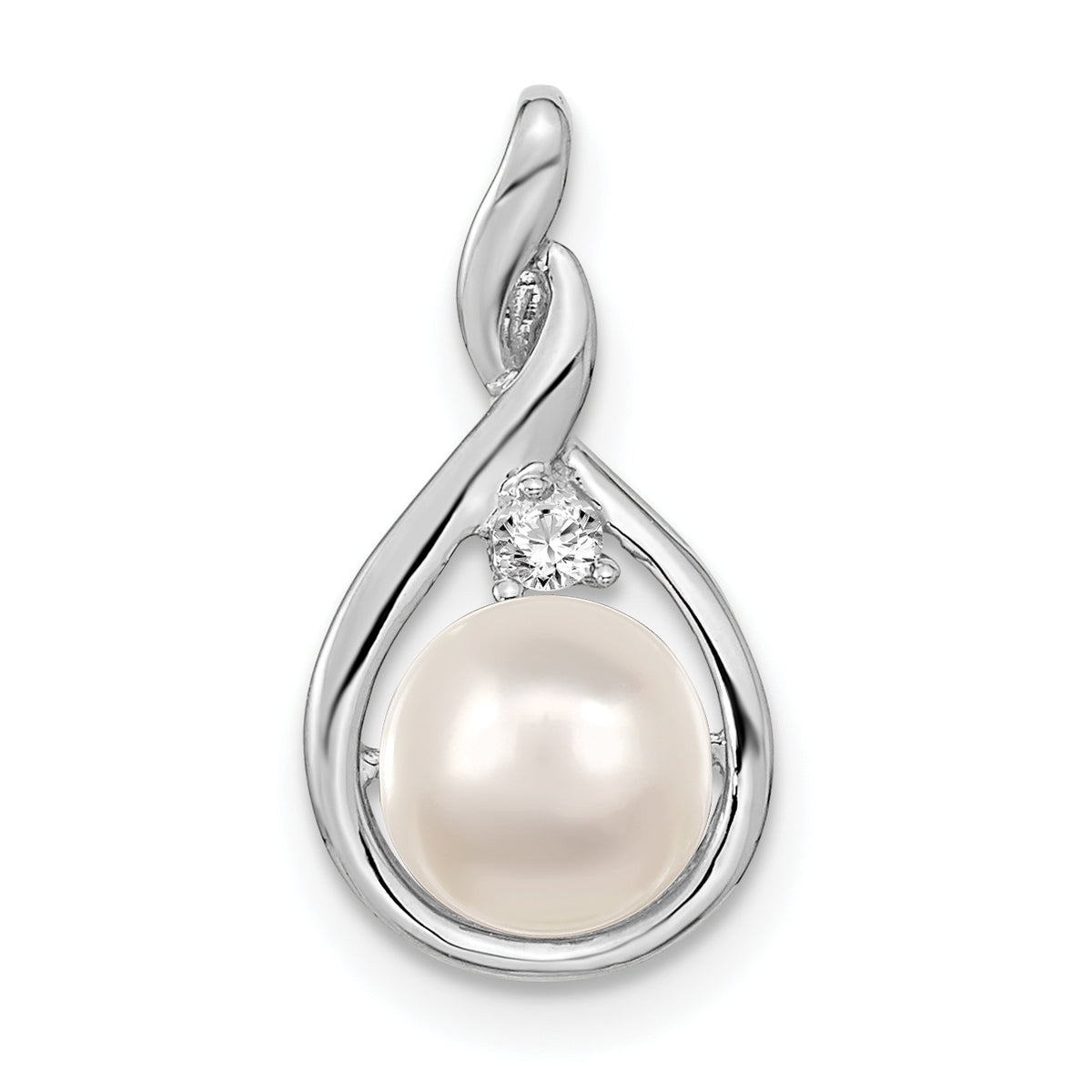 14k White Gold 7mm White Round FW Cultured Pearl & AA Diamond Pendant