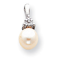14K White Gold 7mm White Round Freshwater Cultured Pearl AA Diamond Pendant Main image