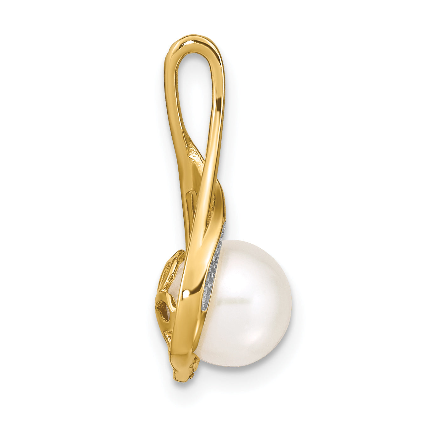 14K 7-8mm White Round FW Cultured Pearl and Diamond Pendant Secondary image
