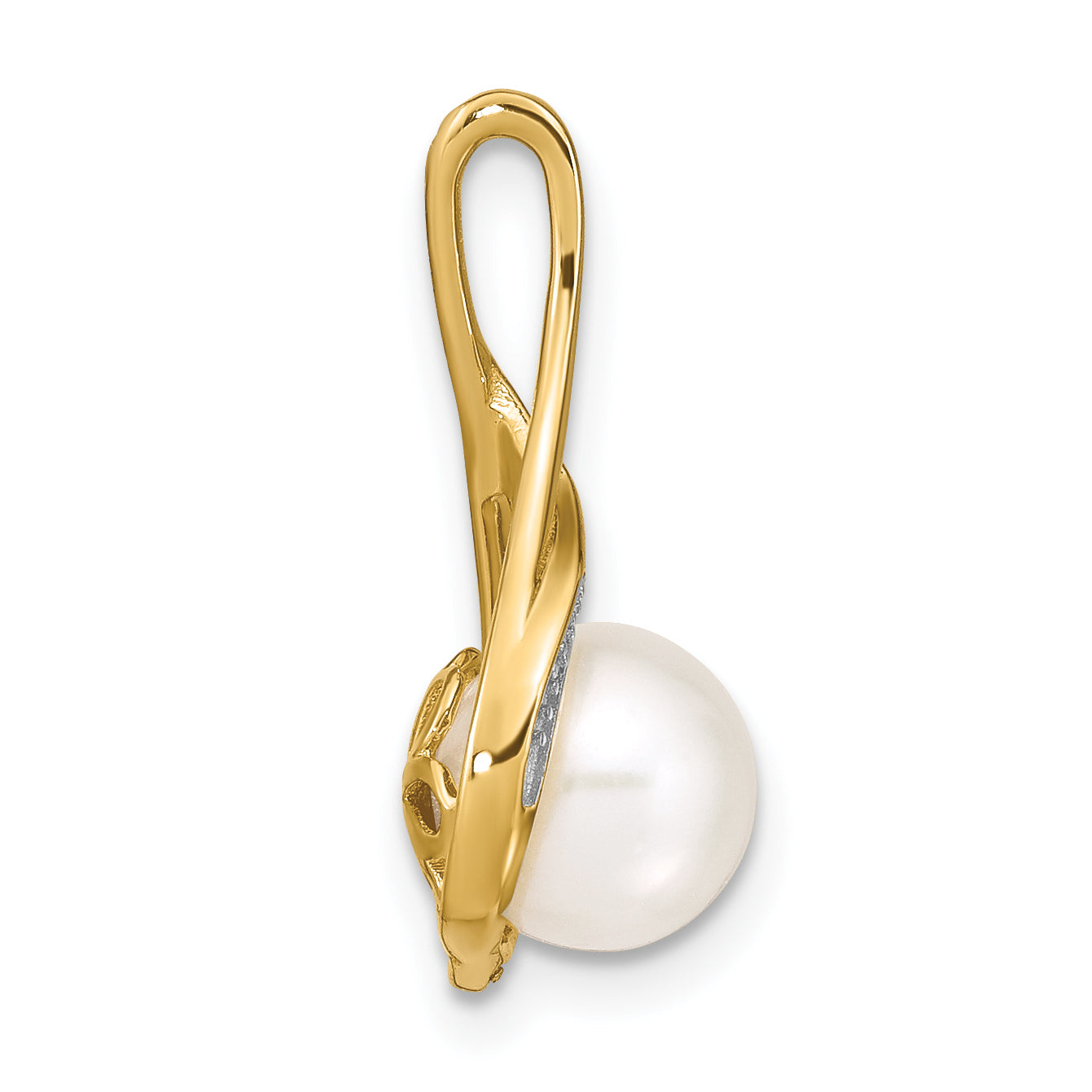 14K 7-8mm White Round FW Cultured Pearl and Diamond Pendant