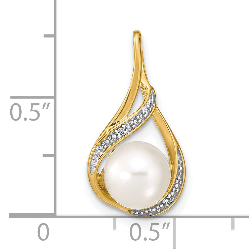 14K 7-8mm White Round FW Cultured Pearl and Diamond Pendant
