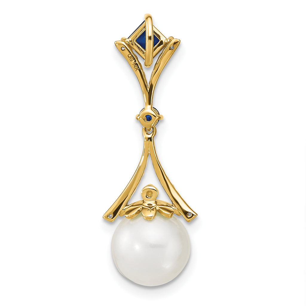 14K Diamond 8-9mm Round FWC Pearl/Created Sapphire Chain Slide