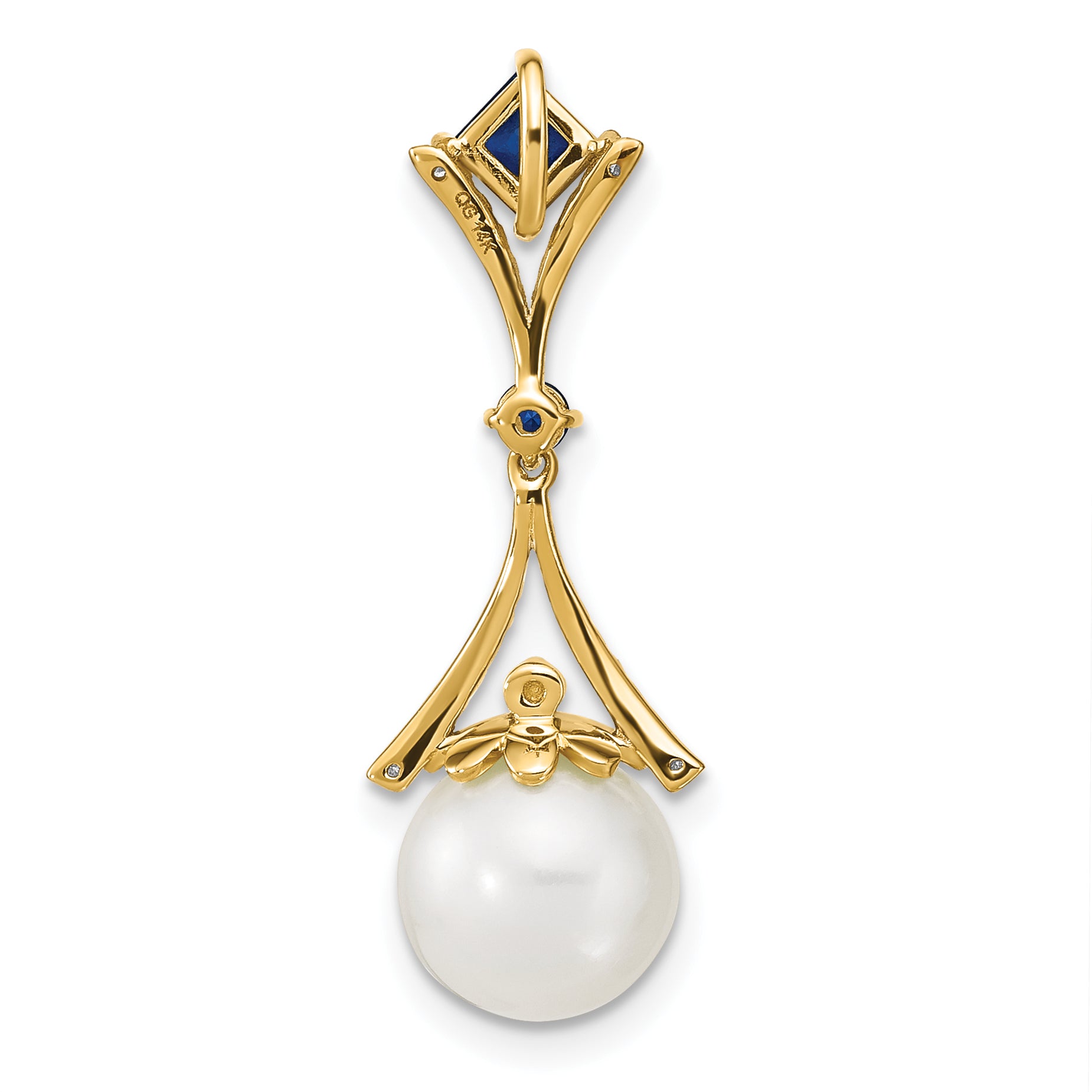 14K Diamond 8-9mm Round FWC Pearl/Created Sapphire Chain Slide