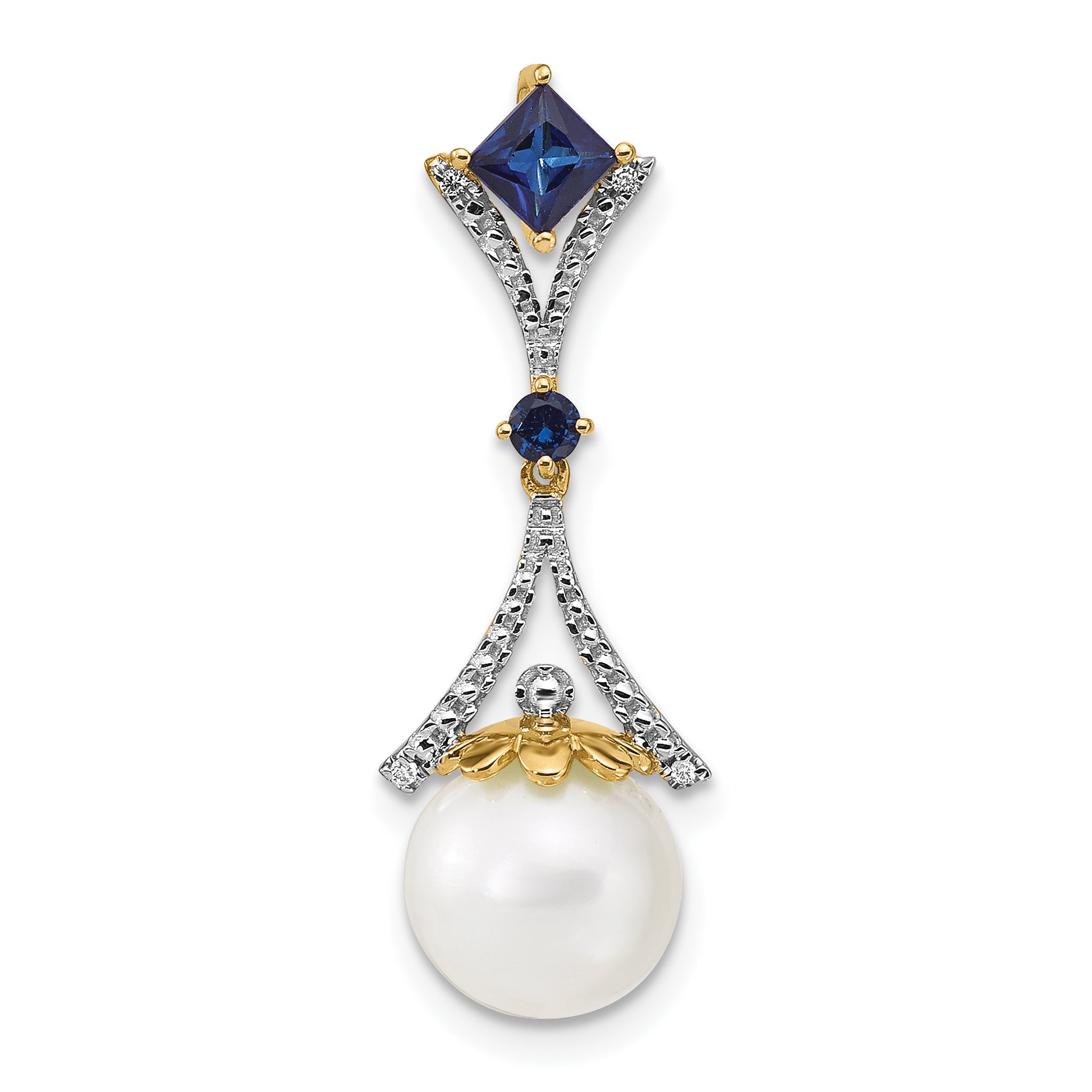 14k Diamond 8-9mm Round FWC Pearl/Created Sapphire Chain Slide Main image