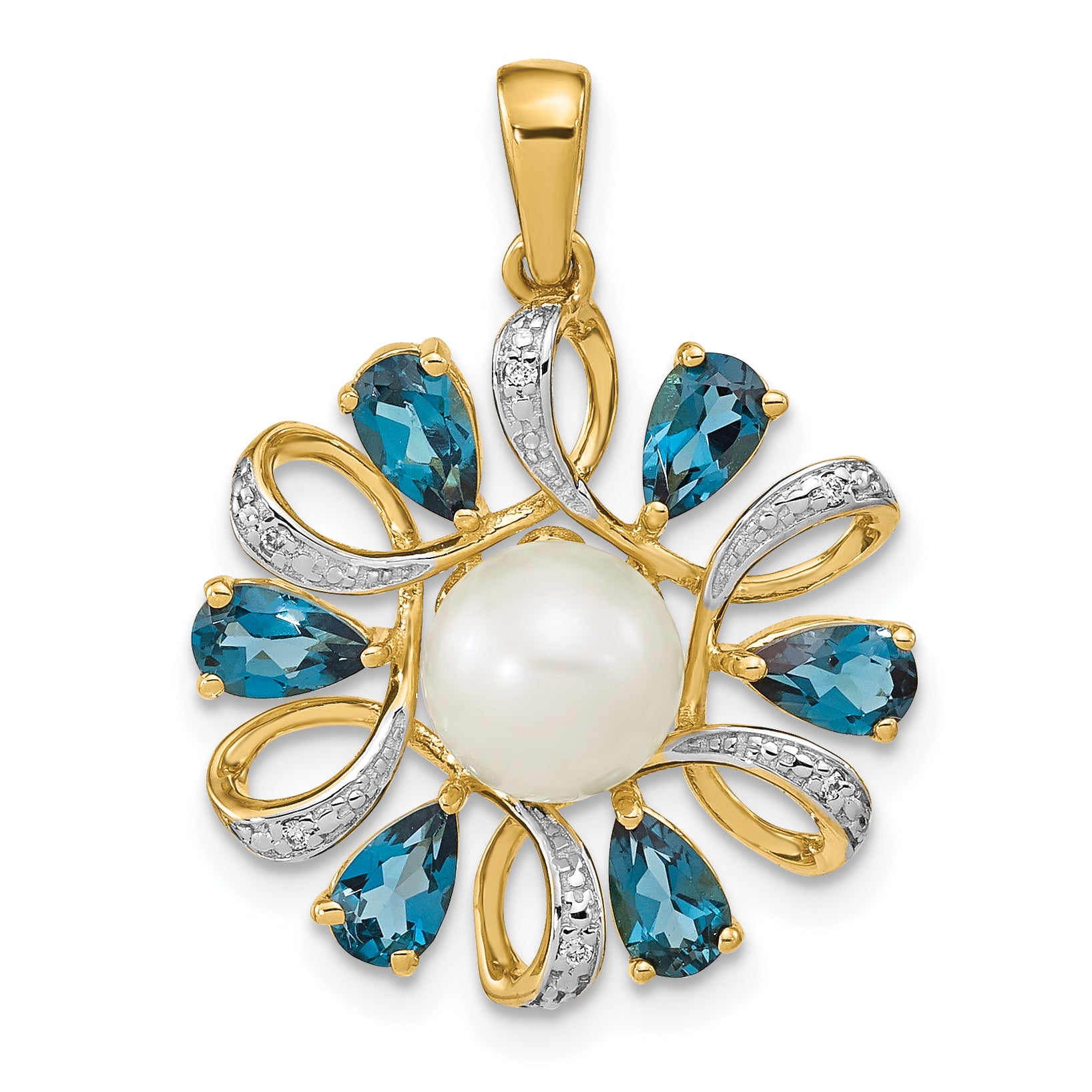 14k Diamond and 6-7mm Button FWC Pearl/London Blue Topaz Pendant Main image