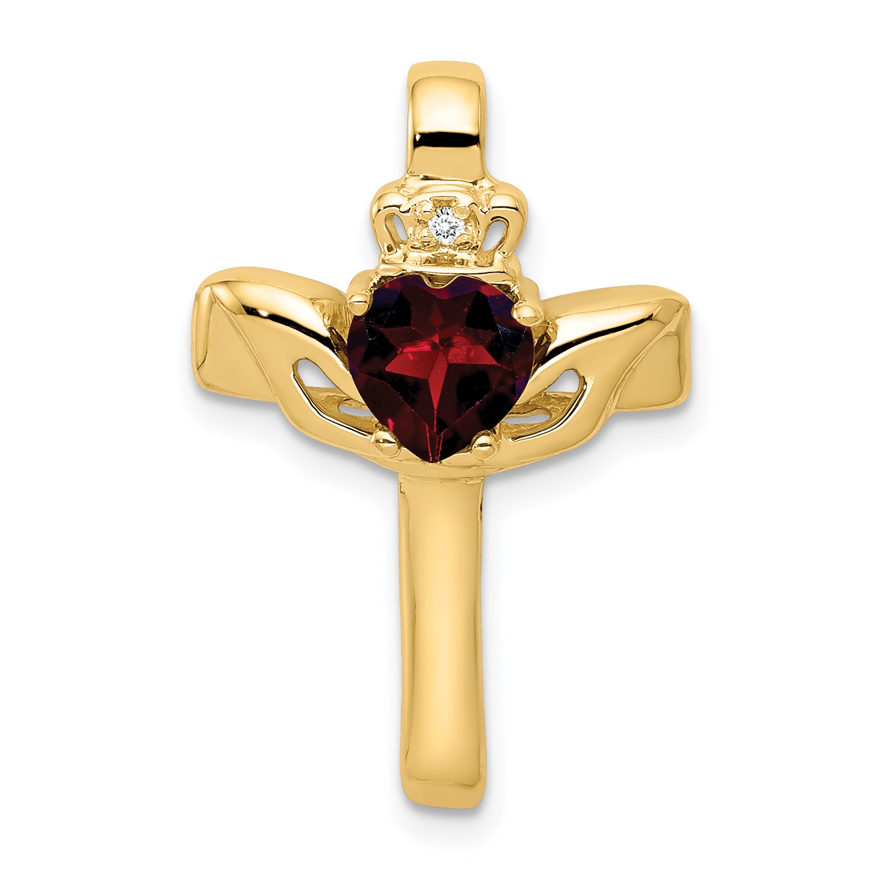 14K Garnet & AA Diamond Claddagh Cross Pendant