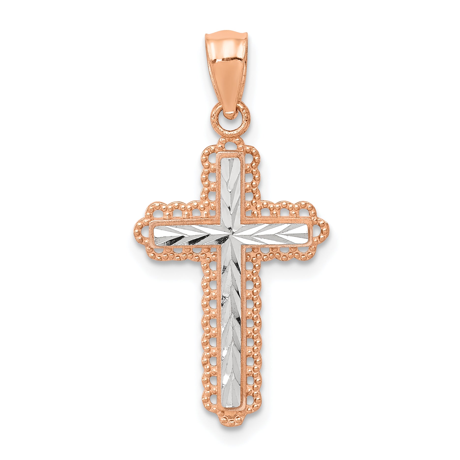 14k Rose Gold Rhodium Diamond Cut Cross Pendant Main image