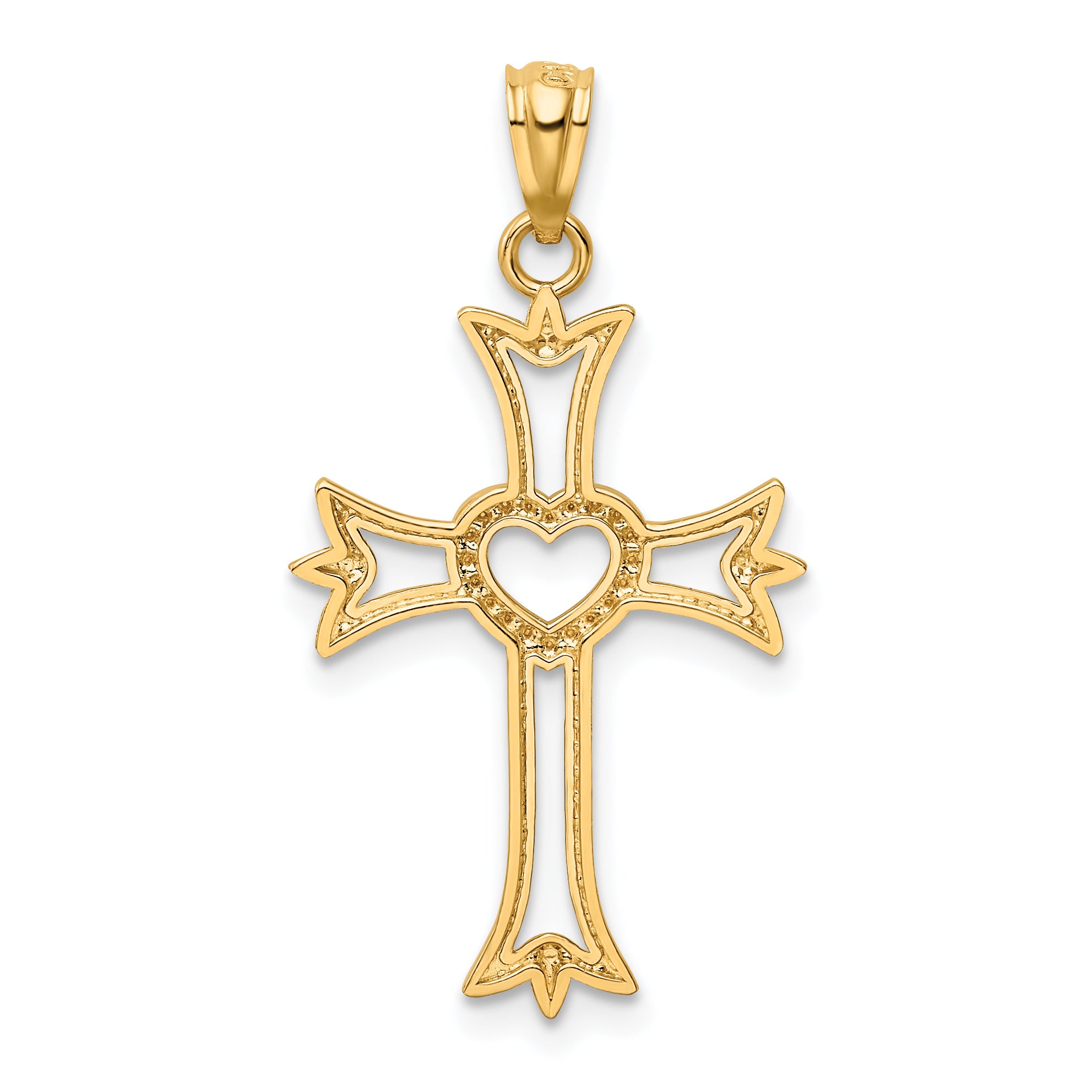 14K With Rhodium Diamond Cut Cross With Heart Pendant