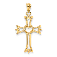 14K With Rhodium Diamond Cut Cross With Heart Pendant