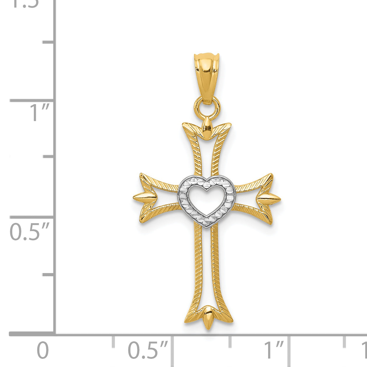 14K With Rhodium Diamond Cut Cross With Heart Pendant