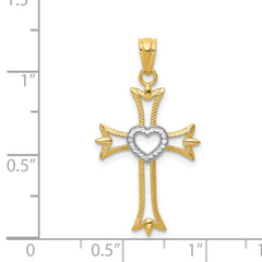 14K With Rhodium Diamond Cut Cross With Heart Pendant