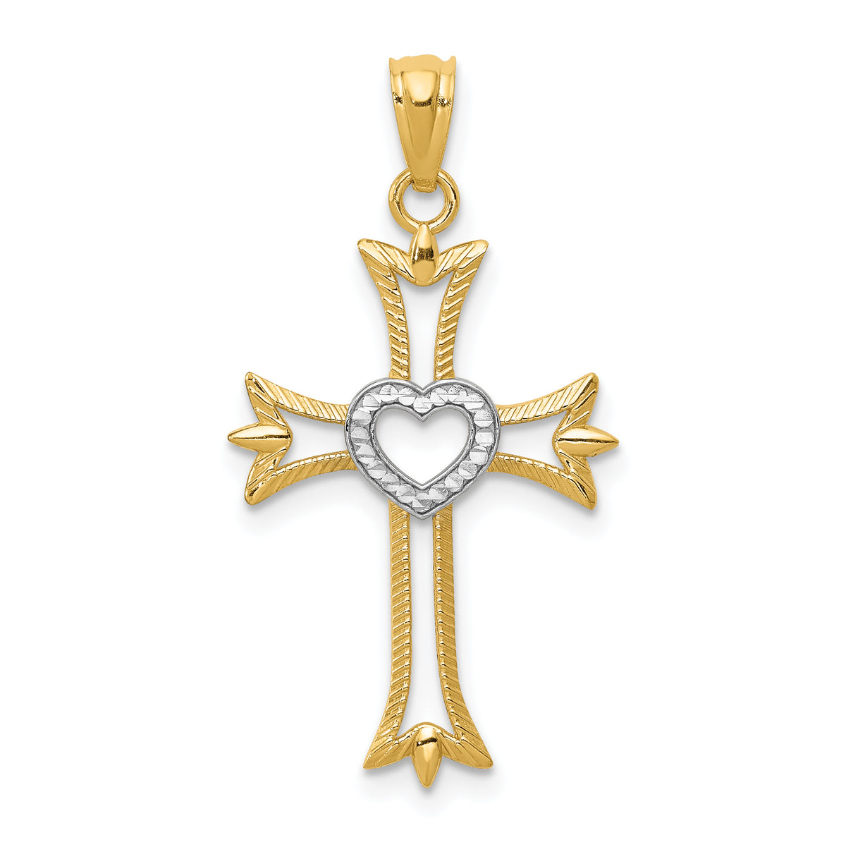 14K w/Rhodium Diamond Cut Cross With Heart Pendant