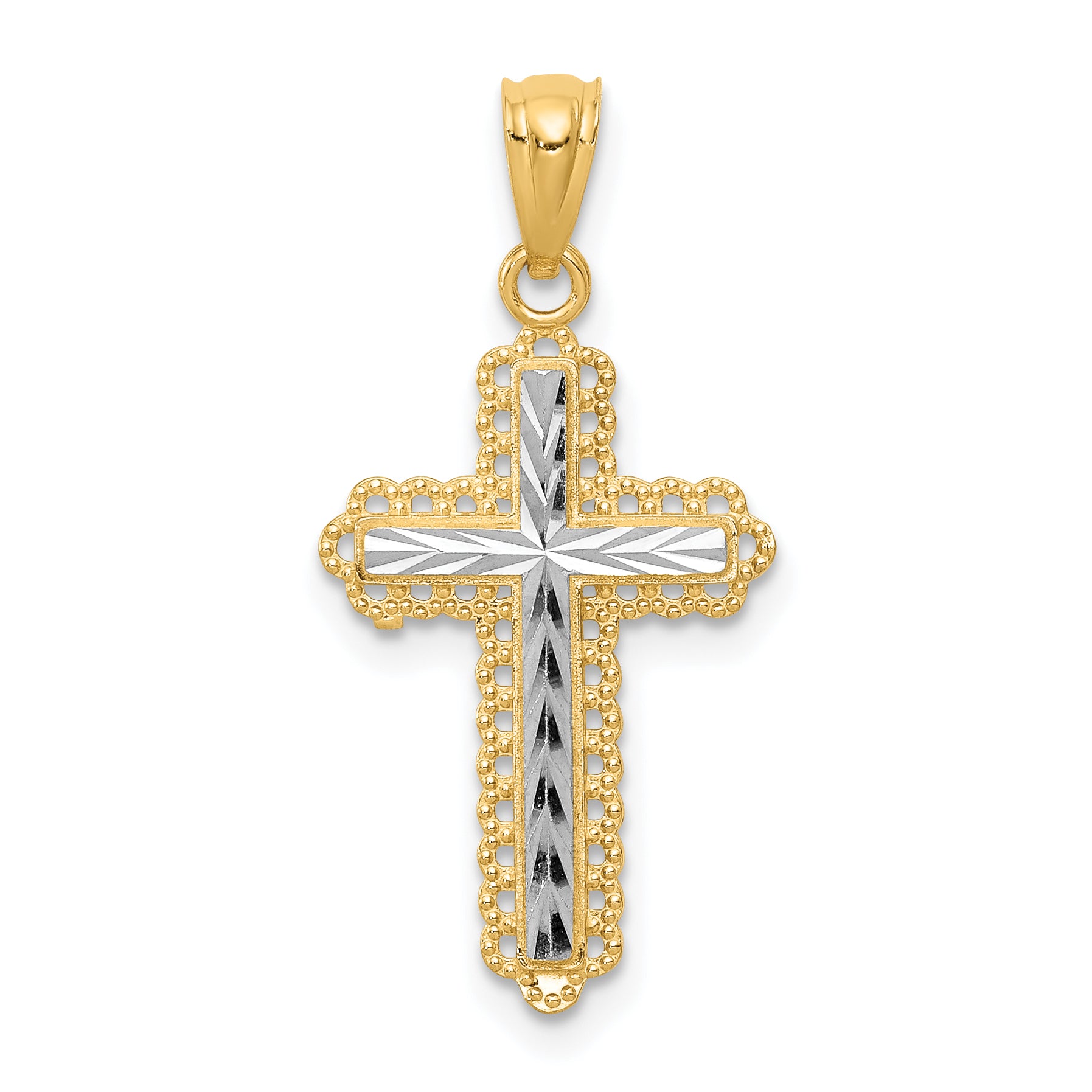 14K w/Rhodium Diamond Cut Cross Pendant