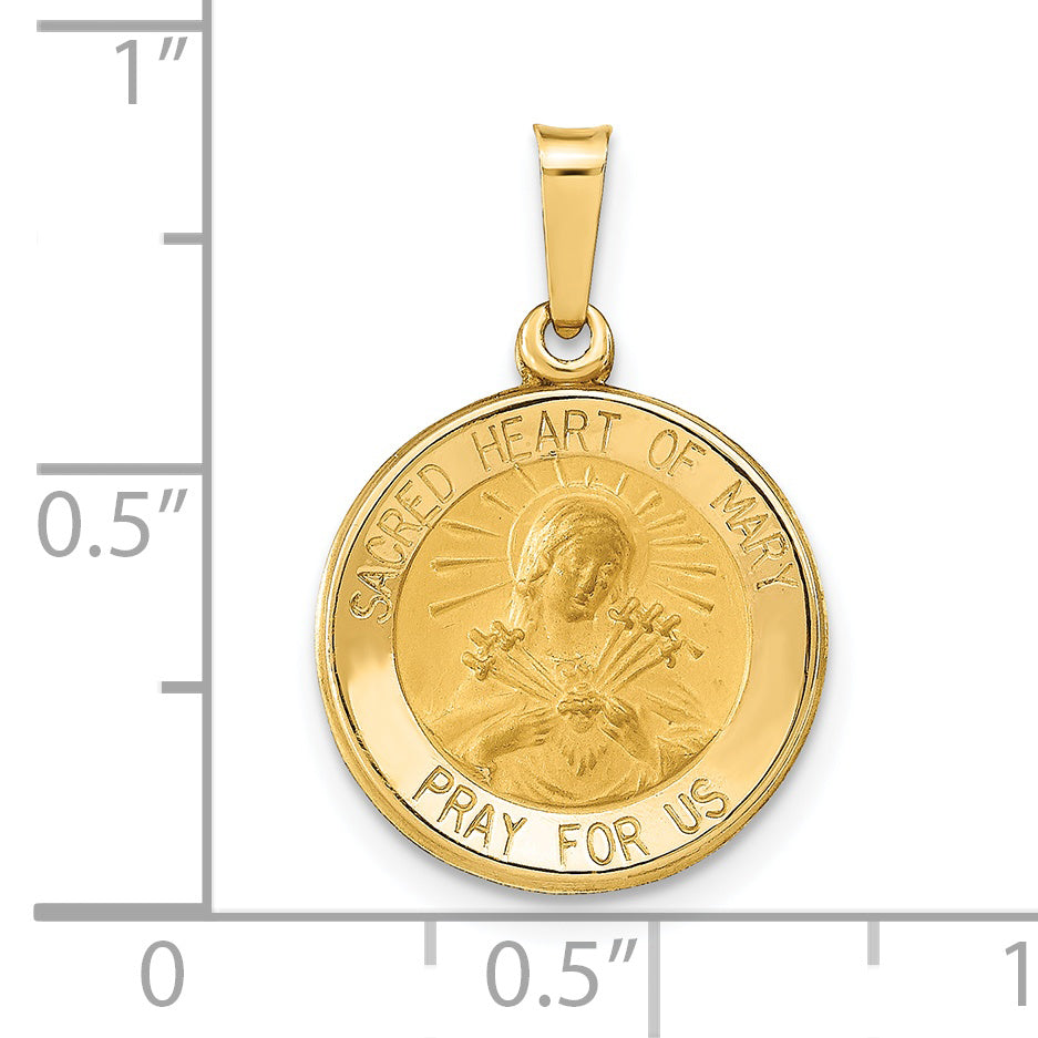 14K Polished and Satin Sacred Heart of Mary Medal Hollow Pendant