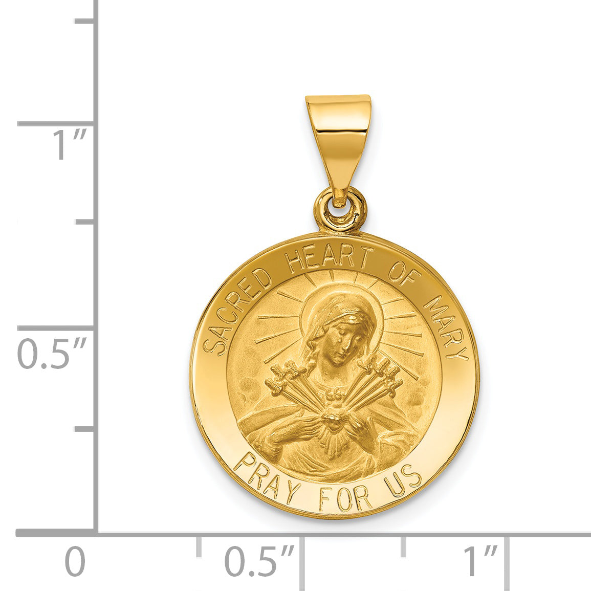 14K Polished and Satin Sacred Heart of Mary Medal Hollow Pendant