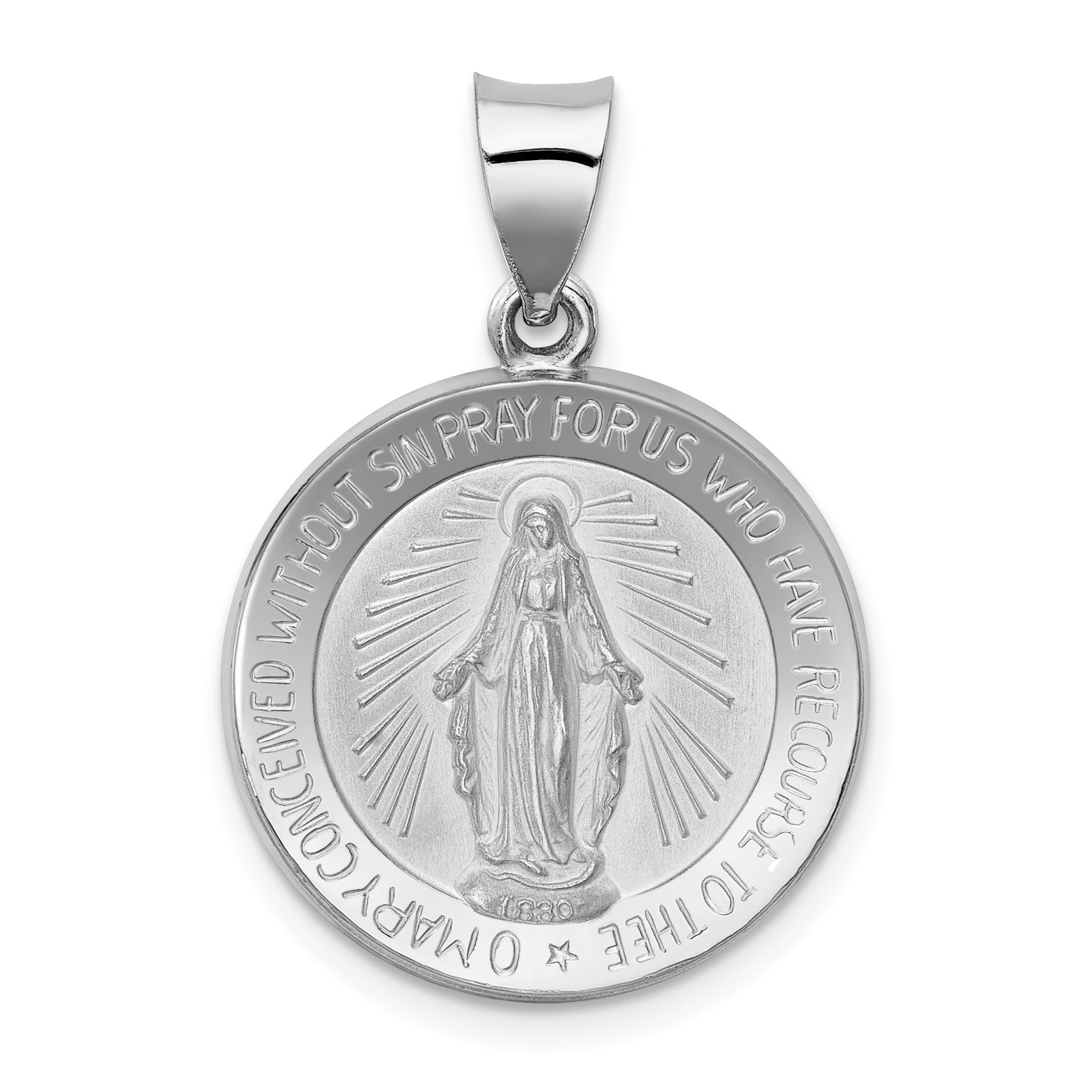 14k White Gold Polished /Satin Miraculous Medal Hollow Pendant