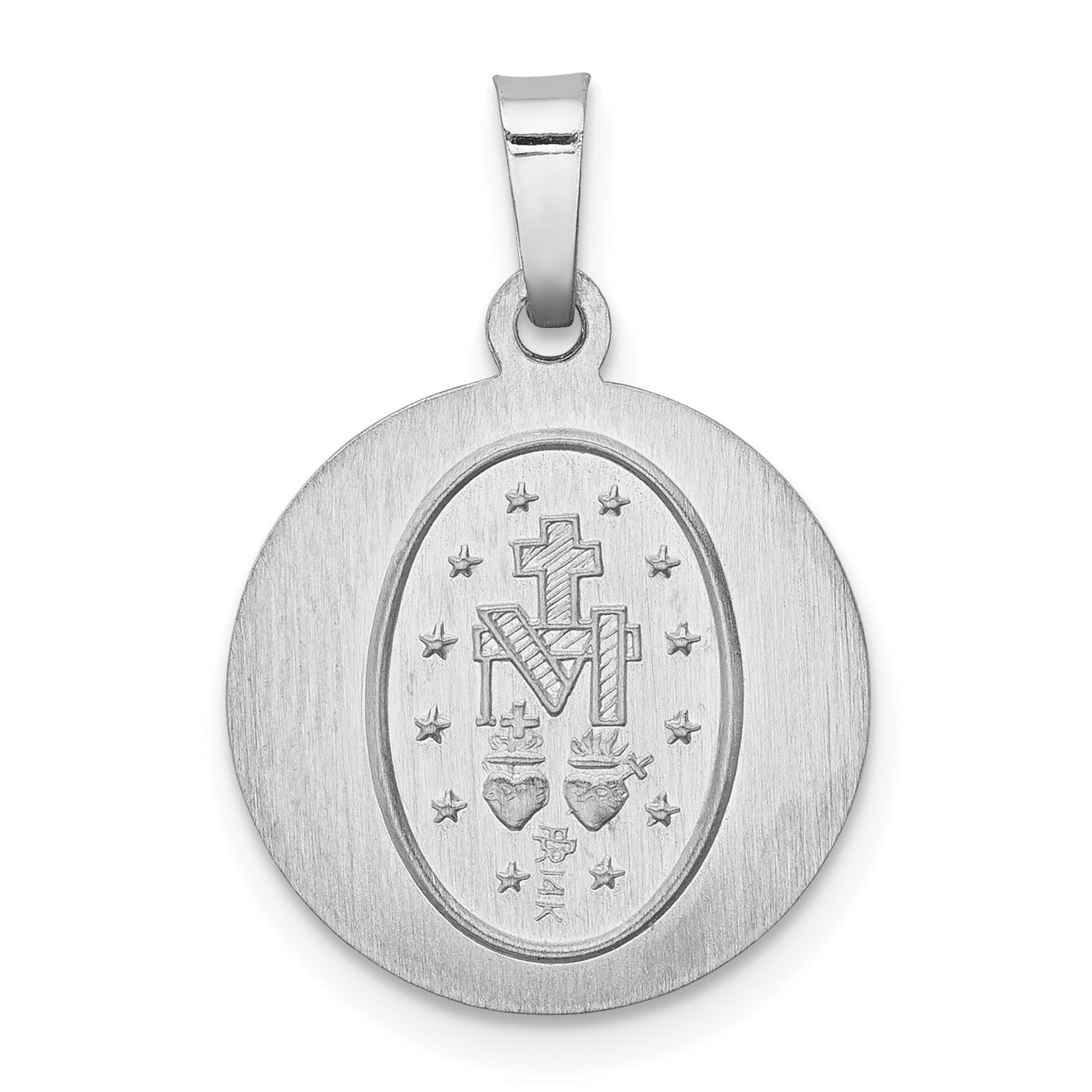 14K White Gold Polished / Satin Miraculous Medal Hollow Pendant